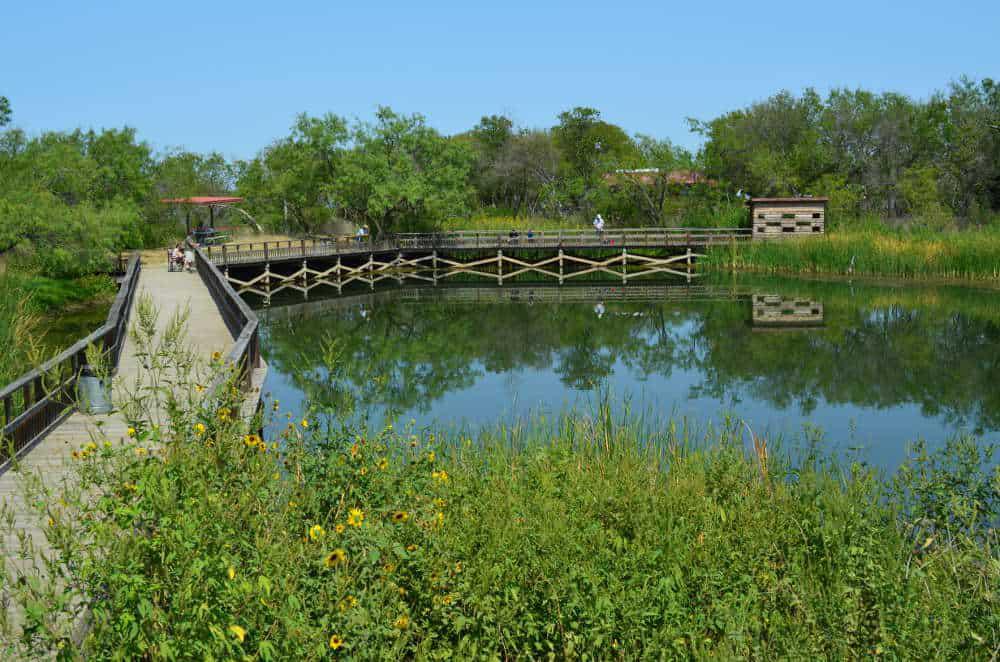 A wooden boardwalk leads to a peaceful pond in a wooded area, perfect for intimate bachelorette parties in Mansfield and Grand Prairie.