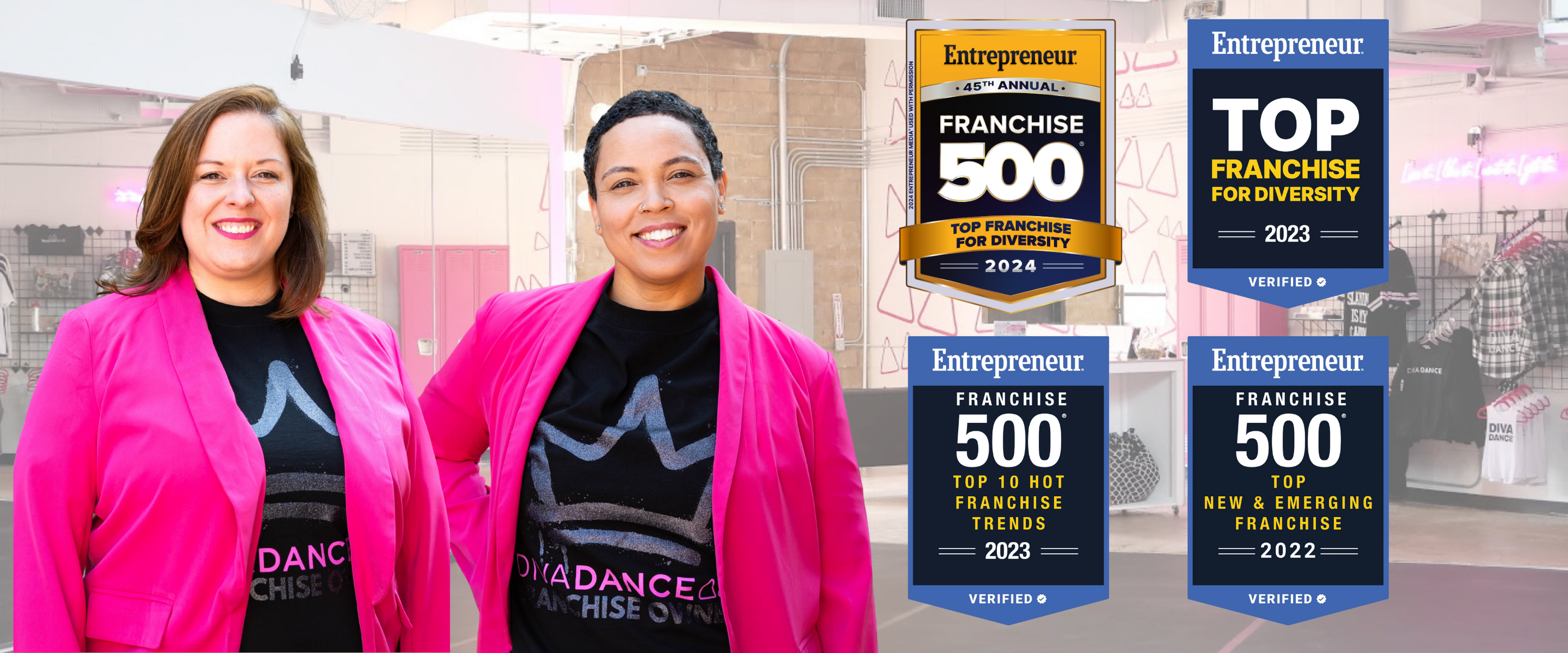 DivaDance franchise owners in studio with Entrepreneur Franchise 500 and Top Franchise for Diversity awards (2022–2024).