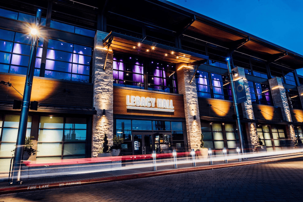 Legacy Food Hall in Dallas at dusk