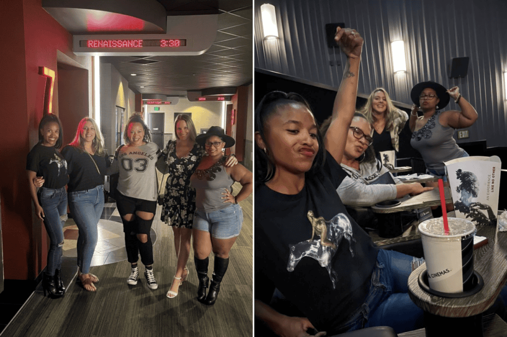 Two side-by-side images: Left, five women pose in a movie theater hallway with a "Renaissance" sign. Right, the same women are seated inside the theater, holding a bucket of popcorn and drinks.